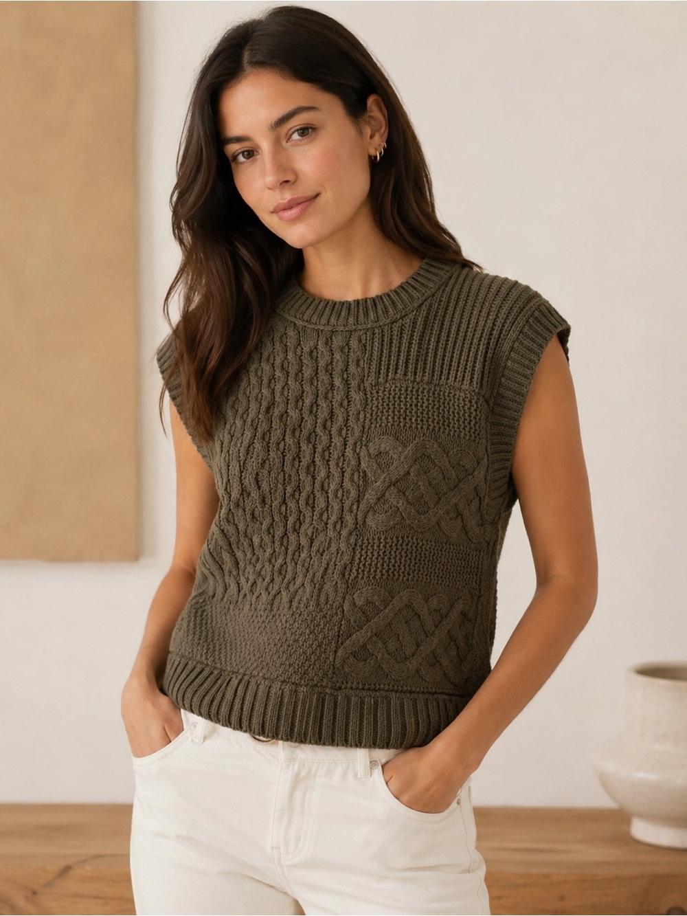 Madewell Olive Green Cable Knit Sweater Vest Size XS Cotton Blend Cozy Chic
